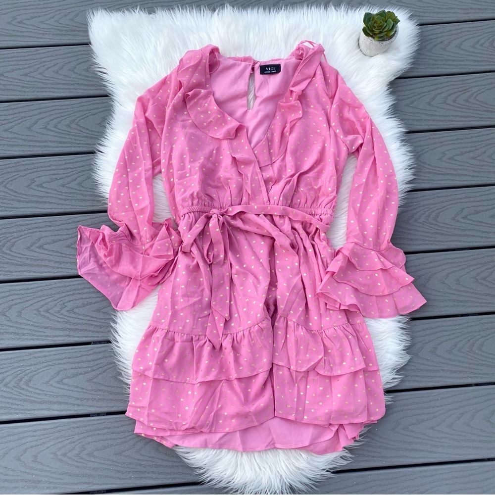 Hot Pink Ruffle Mini Dress - Picture 2 of 5